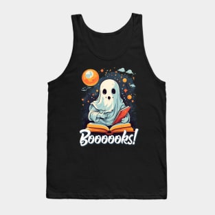 Funny Halloween Cute Ghost Reading a Book Moon Stars Sky Tank Top